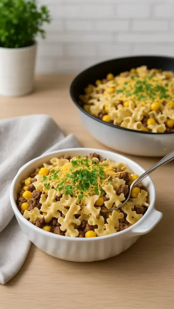 Making the Creamy Ranch Beef Bowtie Skillet